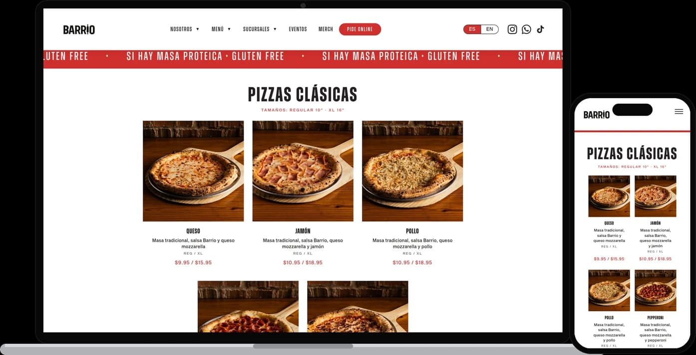 笔记本和手机上的 Barrio Pizza 菜单
